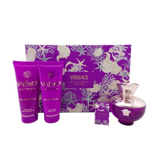 VERSACE DYLAN PURPLE 4 PCS SET FOR WOMEN: 3.4 EAU DE PARFUM SPRAY + 3.4 SHOWER GEL + 3.4 BODY LOTION + 5 ML EAU DE PARFUM MINI